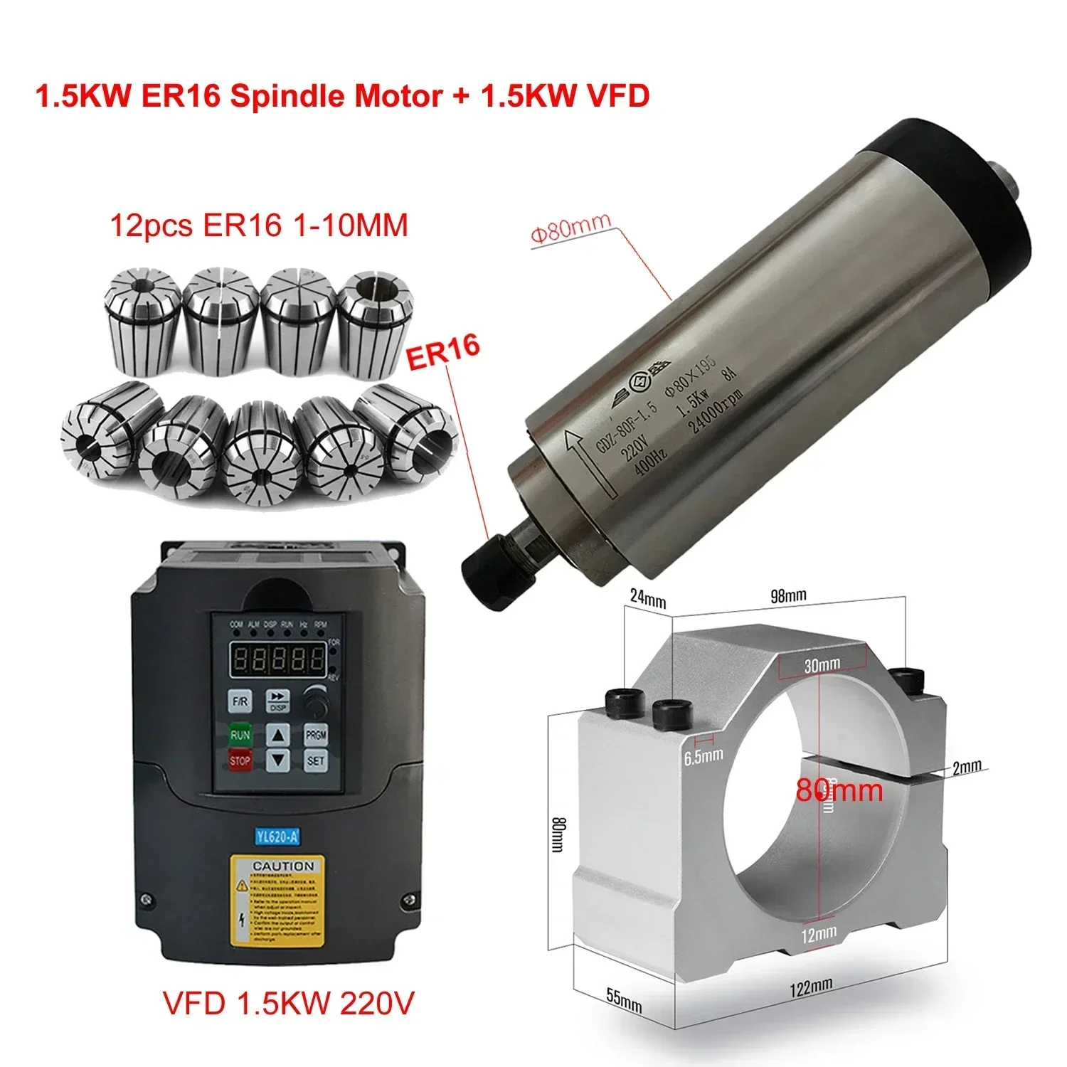 Er20 Collet Chuck Spindle Motor 220V - ชุดมอเตอร์แกนหมุน CNC ระบายความร้อนด้วยอากาศ 800W 1500W 2200W